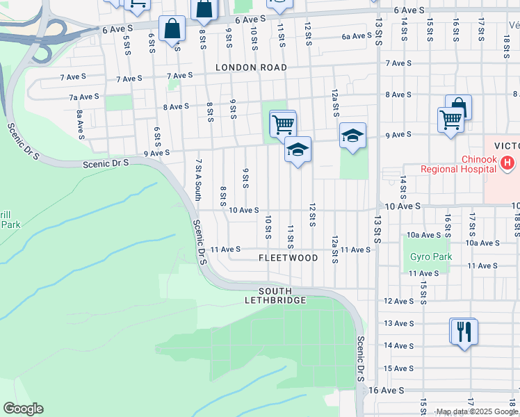 map of restaurants, bars, coffee shops, grocery stores, and more near 970 10 Street South in Lethbridge