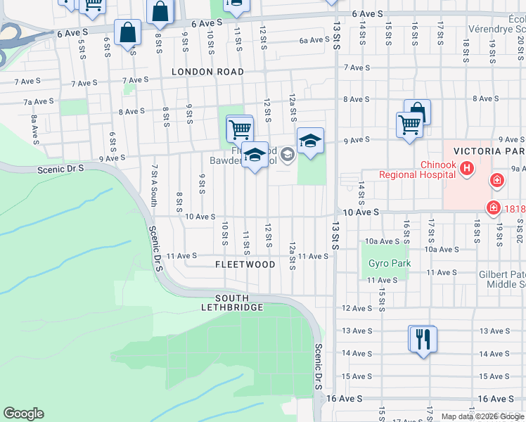 map of restaurants, bars, coffee shops, grocery stores, and more near 970 12 Street South in Lethbridge