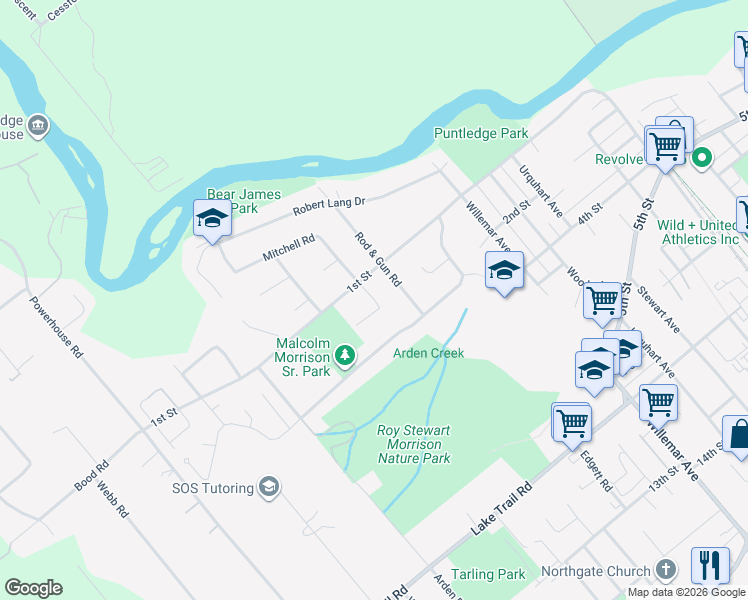 map of restaurants, bars, coffee shops, grocery stores, and more near Mitchell Place in Courtenay