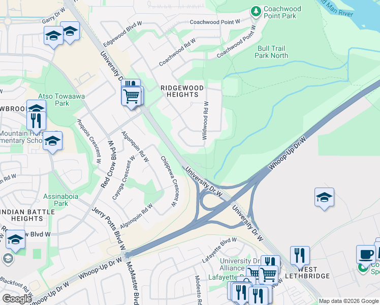 map of restaurants, bars, coffee shops, grocery stores, and more near 72 Wildwood Crescent West in Lethbridge