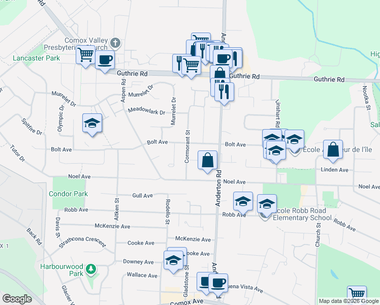 map of restaurants, bars, coffee shops, grocery stores, and more near 554 Cormorant Street in Comox