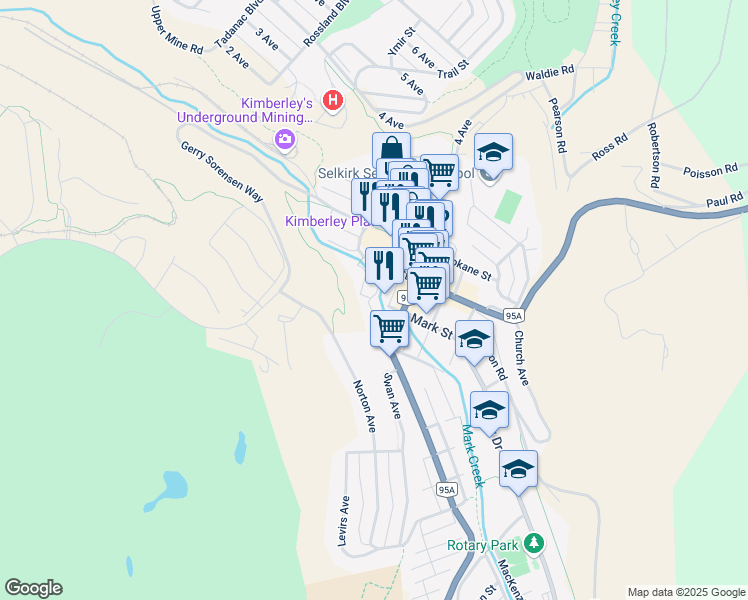 map of restaurants, bars, coffee shops, grocery stores, and more near Deer Park Avenue in Kimberley