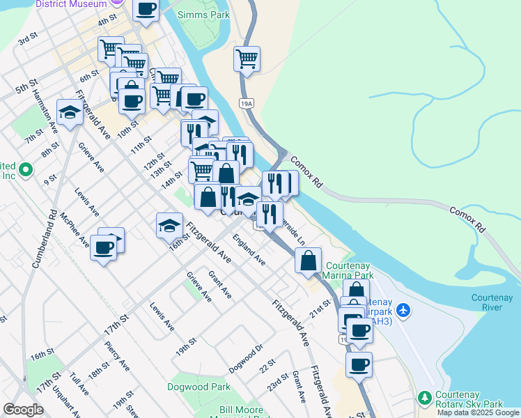 map of restaurants, bars, coffee shops, grocery stores, and more near 1730 Riverside Lane in Courtenay