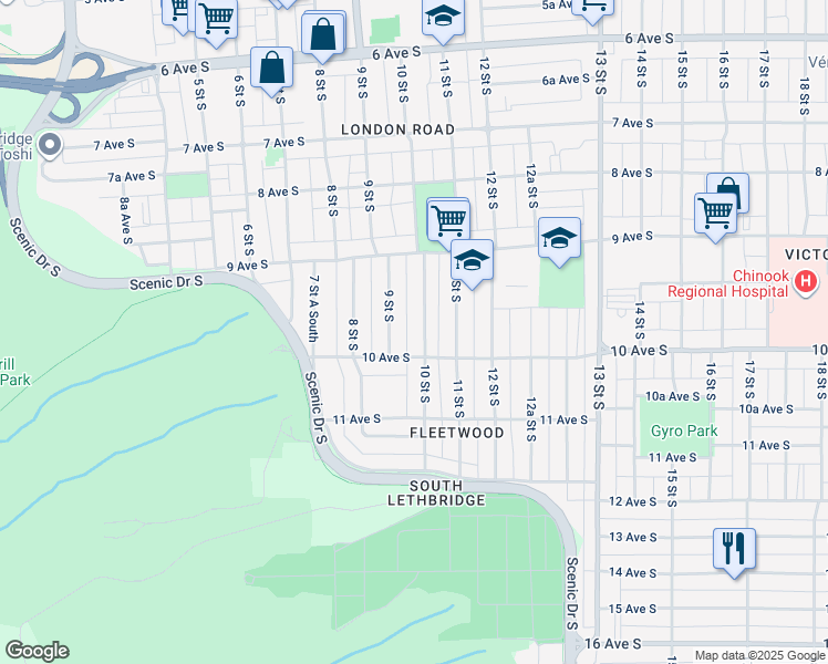 map of restaurants, bars, coffee shops, grocery stores, and more near 954 10 Street South in Lethbridge