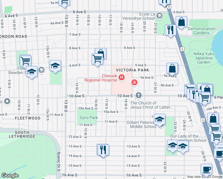 map of restaurants, bars, coffee shops, grocery stores, and more near 935 17 Street South in Lethbridge