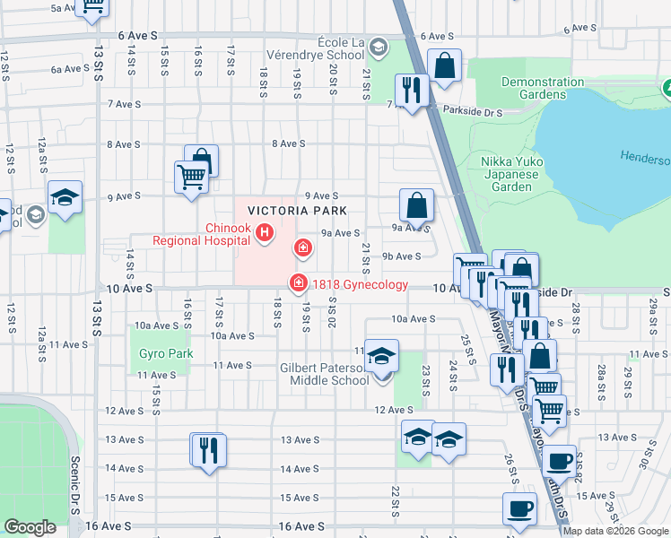 map of restaurants, bars, coffee shops, grocery stores, and more near 955 20 Street South in Lethbridge
