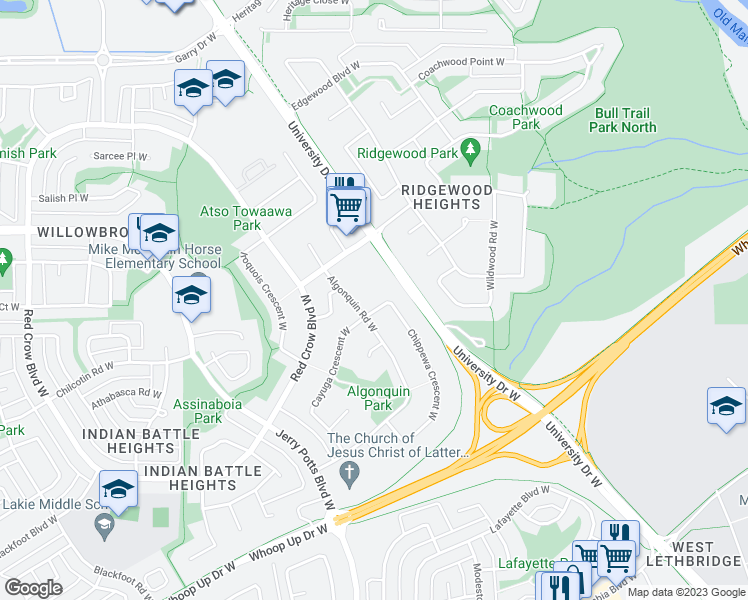 map of restaurants, bars, coffee shops, grocery stores, and more near 196 Chippewa Crescent West in Lethbridge