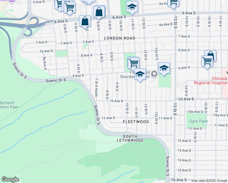 map of restaurants, bars, coffee shops, grocery stores, and more near 946 9 Street South in Lethbridge