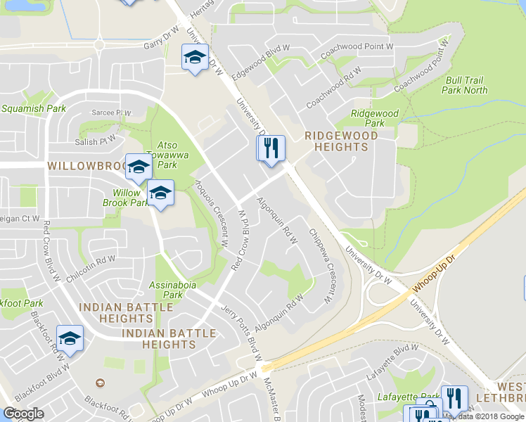 map of restaurants, bars, coffee shops, grocery stores, and more near 6 Dakota Road West in Lethbridge