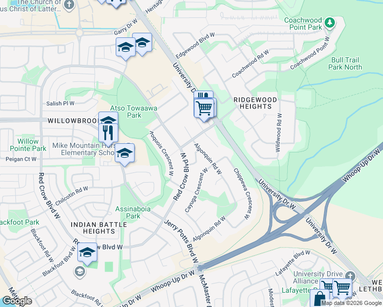map of restaurants, bars, coffee shops, grocery stores, and more near 6 Dakota Road West in Lethbridge