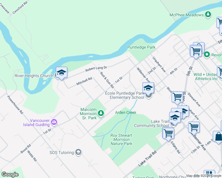 map of restaurants, bars, coffee shops, grocery stores, and more near 115 Rod & Gun Road in Courtenay