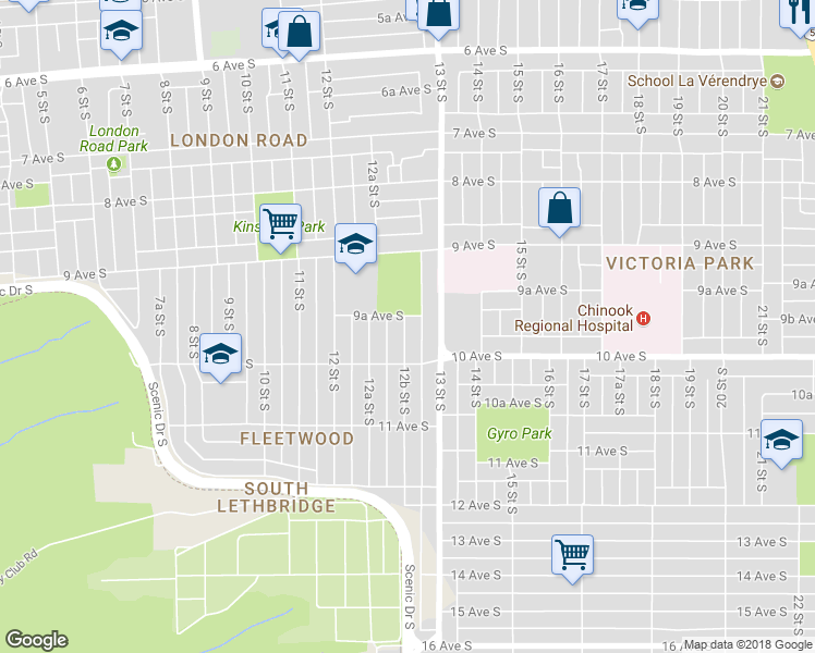 map of restaurants, bars, coffee shops, grocery stores, and more near 953 12B Street South in Lethbridge