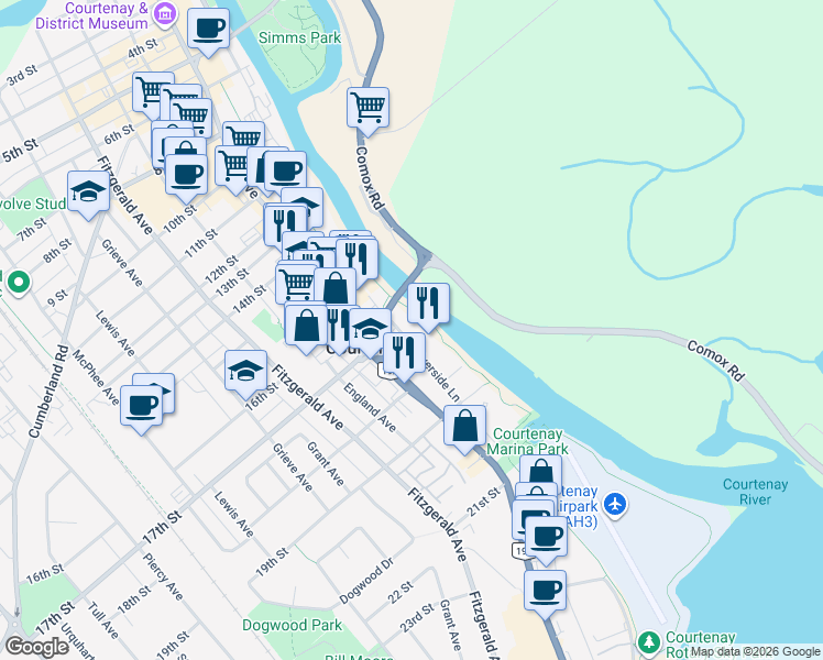 map of restaurants, bars, coffee shops, grocery stores, and more near 1730 Riverside Lane in Courtenay
