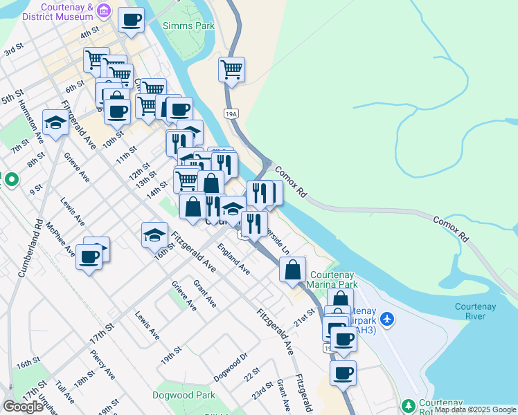 map of restaurants, bars, coffee shops, grocery stores, and more near 1730 Riverside Lane in Courtenay