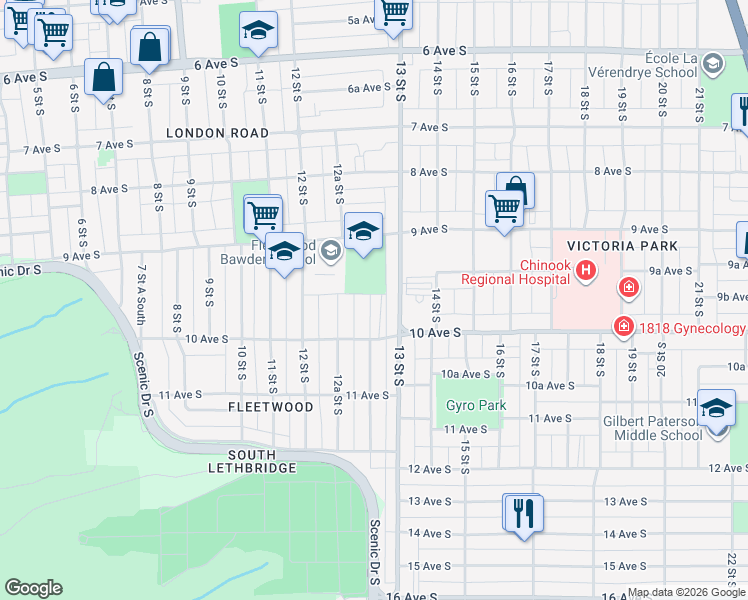 map of restaurants, bars, coffee shops, grocery stores, and more near 949 12B Street South in Lethbridge