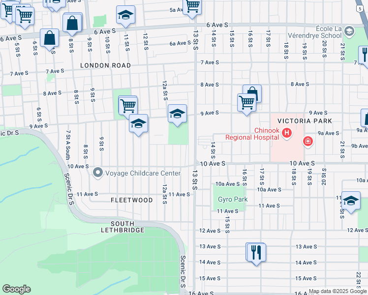 map of restaurants, bars, coffee shops, grocery stores, and more near 953 12B Street South in Lethbridge