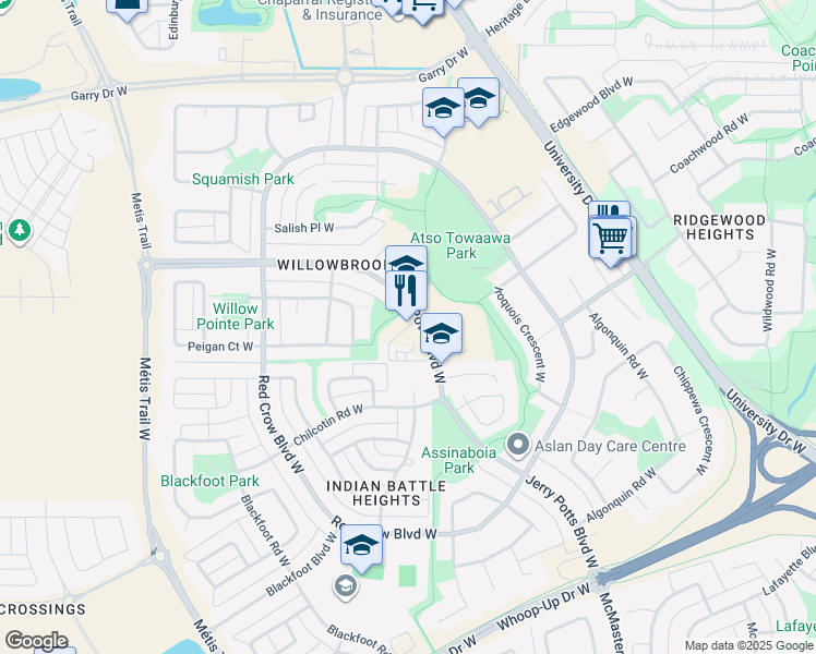 map of restaurants, bars, coffee shops, grocery stores, and more near 170 Jerry Potts Boulevard West in Lethbridge