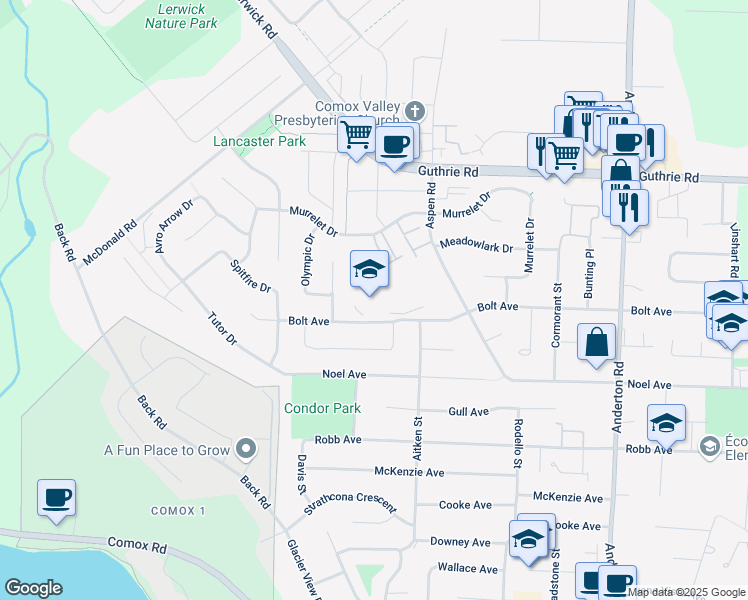 map of restaurants, bars, coffee shops, grocery stores, and more near 2250 Bolt Avenue in Comox