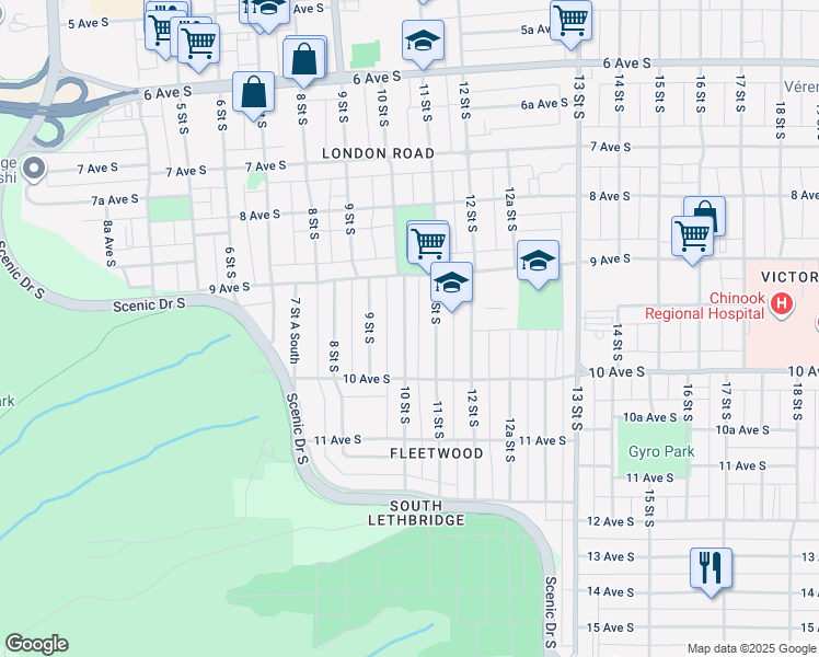 map of restaurants, bars, coffee shops, grocery stores, and more near 954 10 Street South in Lethbridge