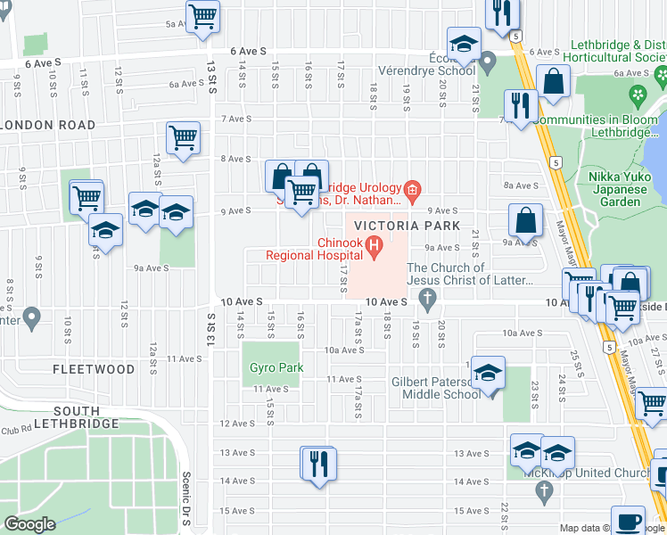 map of restaurants, bars, coffee shops, grocery stores, and more near 938 17 Street South in Lethbridge