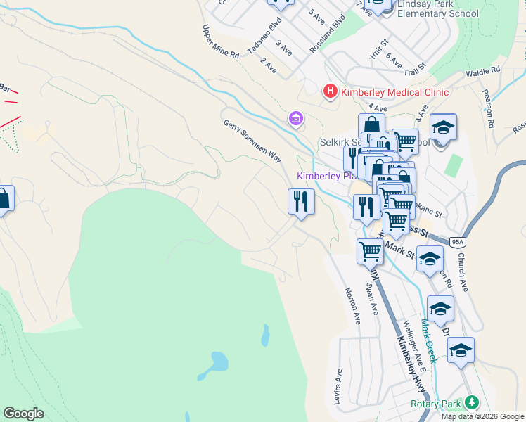 map of restaurants, bars, coffee shops, grocery stores, and more near 410 Alpine Crescent in Kimberley
