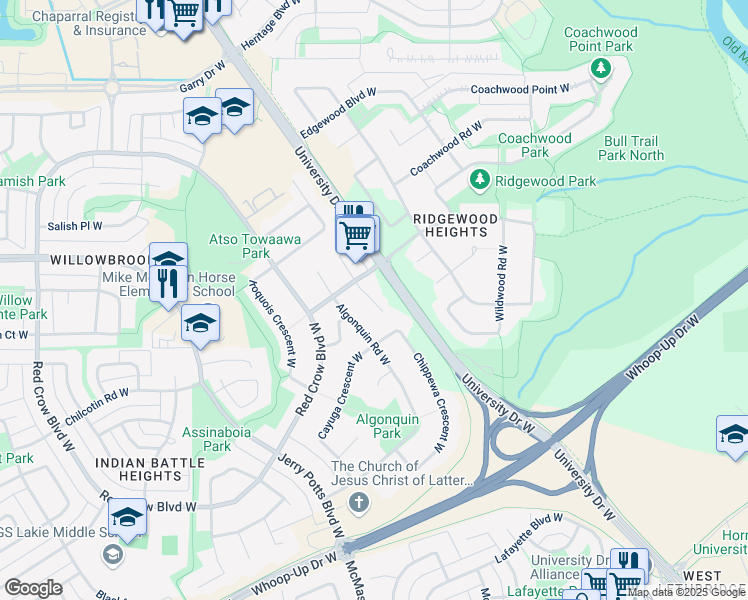 map of restaurants, bars, coffee shops, grocery stores, and more near 196 Chippewa Crescent West in Lethbridge