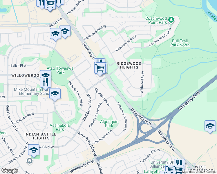 map of restaurants, bars, coffee shops, grocery stores, and more near 175 Algonquin Road West in Lethbridge