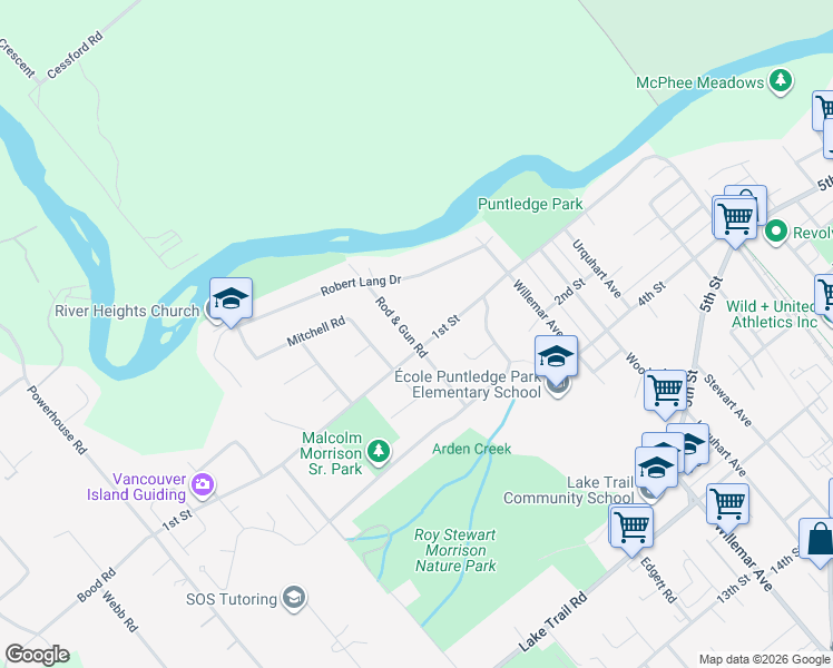 map of restaurants, bars, coffee shops, grocery stores, and more near 50 Rod & Gun Road in Courtenay