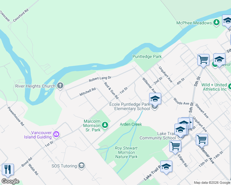 map of restaurants, bars, coffee shops, grocery stores, and more near 50 Rod & Gun Road in Courtenay