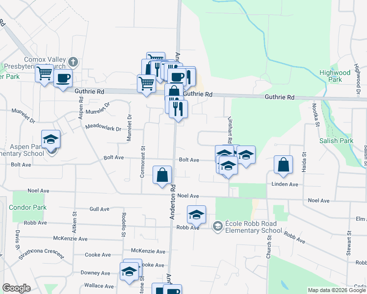 map of restaurants, bars, coffee shops, grocery stores, and more near 625 Anderton Road in Comox