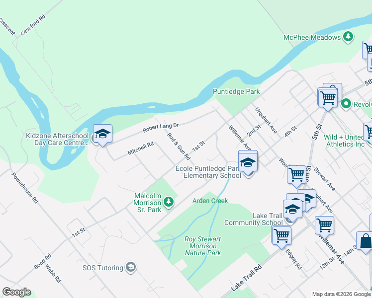 map of restaurants, bars, coffee shops, grocery stores, and more near 50 Rod & Gun Road in Courtenay