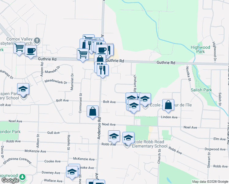 map of restaurants, bars, coffee shops, grocery stores, and more near 1937 Cougar Crescent in Comox