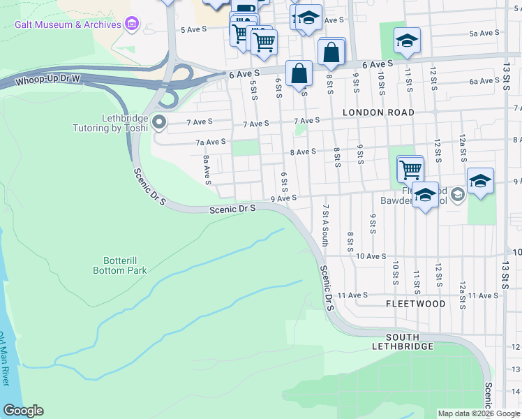 map of restaurants, bars, coffee shops, grocery stores, and more near Coal Banks Trail in Lethbridge