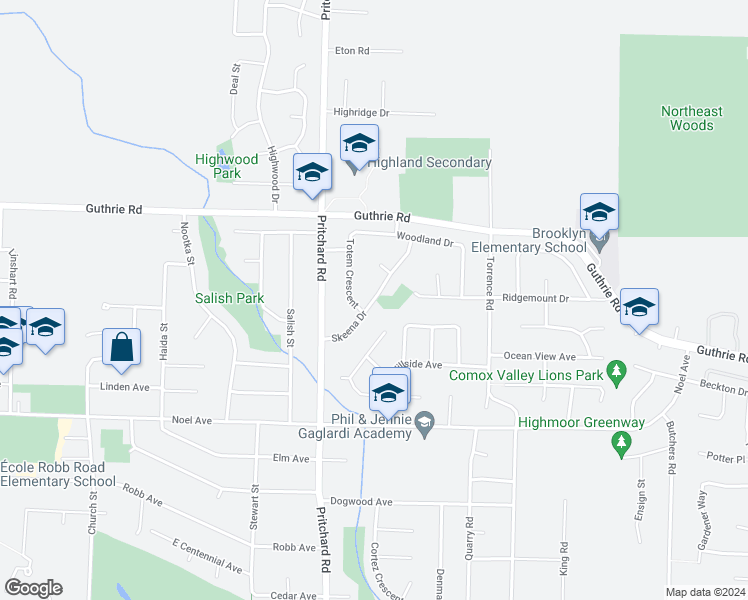 map of restaurants, bars, coffee shops, grocery stores, and more near 1508 Skeena Drive in Comox