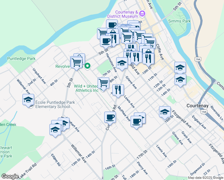 map of restaurants, bars, coffee shops, grocery stores, and more near 776 8th Street in Courtenay