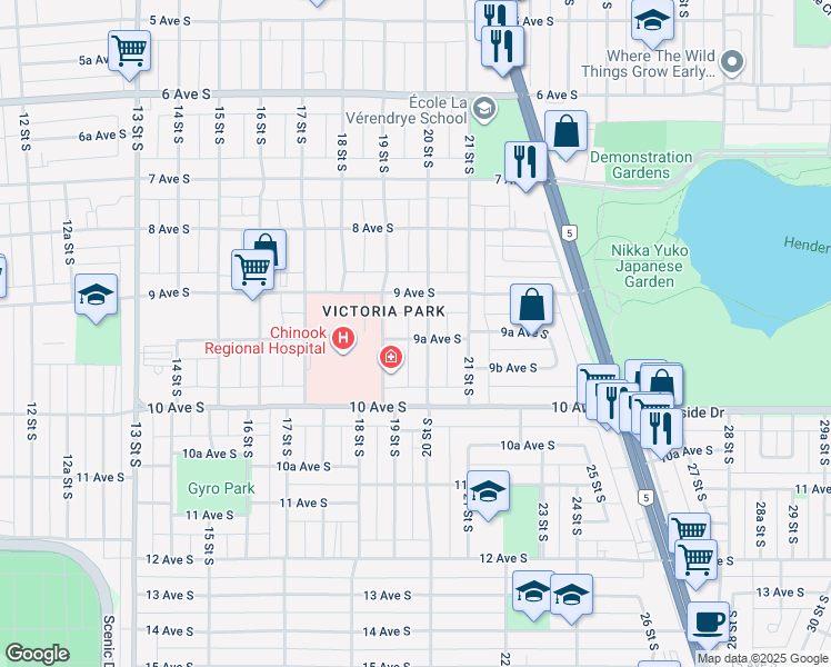 map of restaurants, bars, coffee shops, grocery stores, and more near 924 20 Street South in Lethbridge