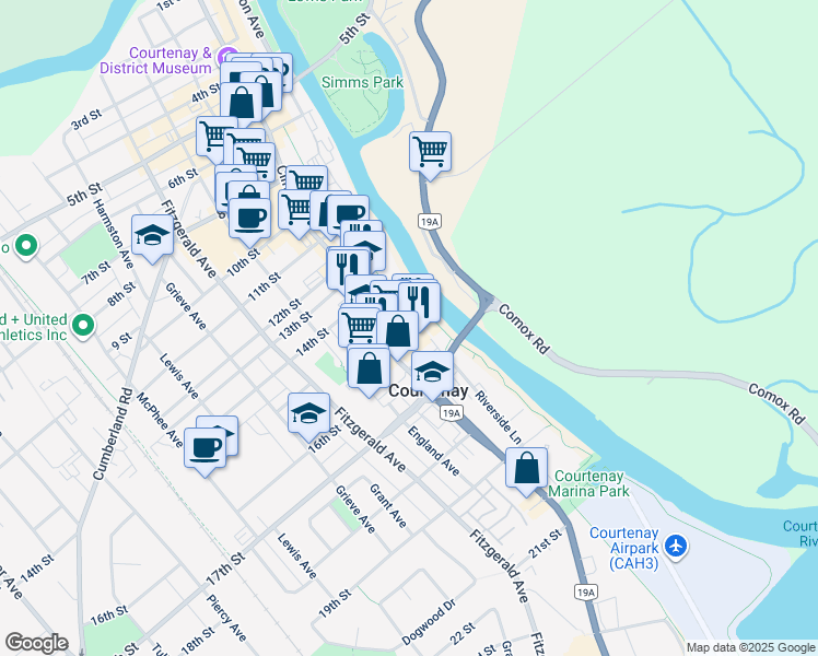 map of restaurants, bars, coffee shops, grocery stores, and more near 1600 Riverside Lane in Courtenay