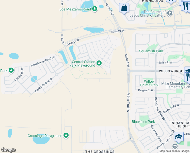 map of restaurants, bars, coffee shops, grocery stores, and more near 451 Aquitania Boulevard West in Lethbridge