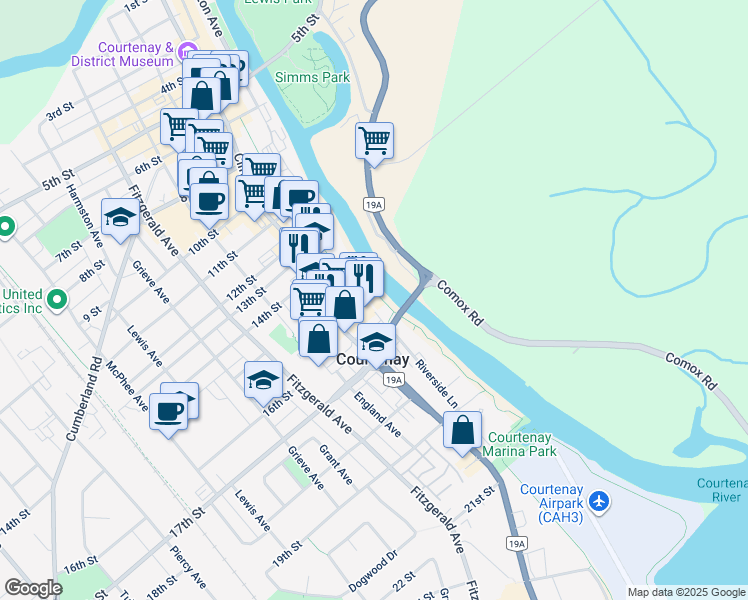 map of restaurants, bars, coffee shops, grocery stores, and more near 1600 Riverside Lane in Courtenay