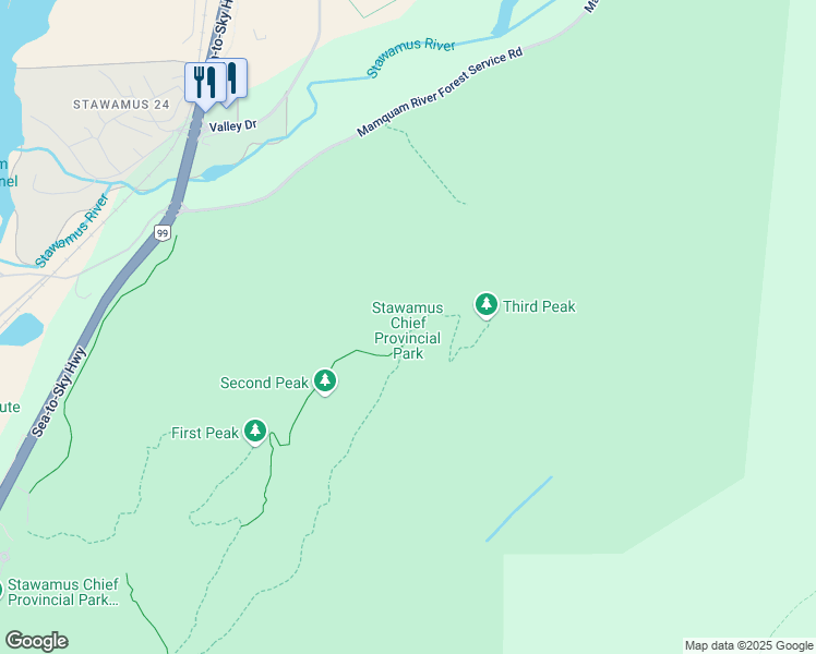 map of restaurants, bars, coffee shops, grocery stores, and more near Mamquam River Forest Service Road in Squamish-Lillooet