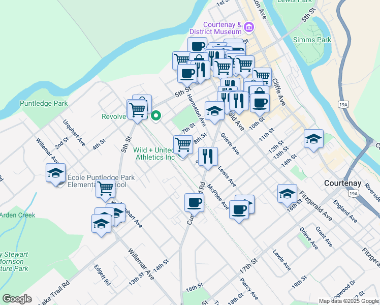 map of restaurants, bars, coffee shops, grocery stores, and more near 776 8th Street in Courtenay