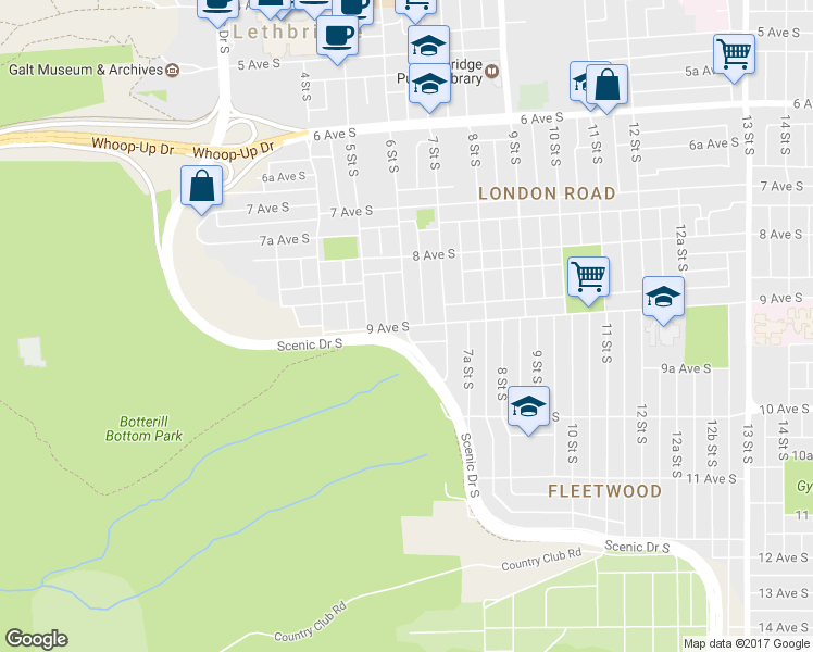 map of restaurants, bars, coffee shops, grocery stores, and more near 9 Ave S & 6 St S in Lethbridge