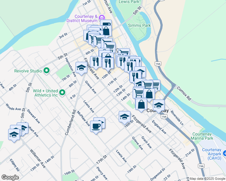 map of restaurants, bars, coffee shops, grocery stores, and more near 1170 Fitzgerald Avenue in Courtenay