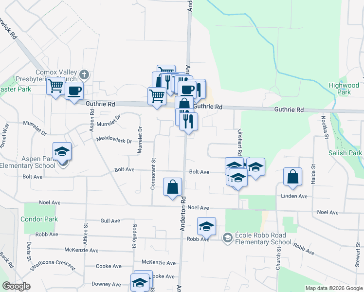 map of restaurants, bars, coffee shops, grocery stores, and more near 625 Anderton Road in Comox