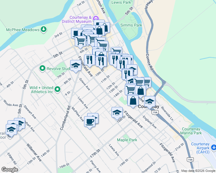 map of restaurants, bars, coffee shops, grocery stores, and more near 463 12th Street in Courtenay