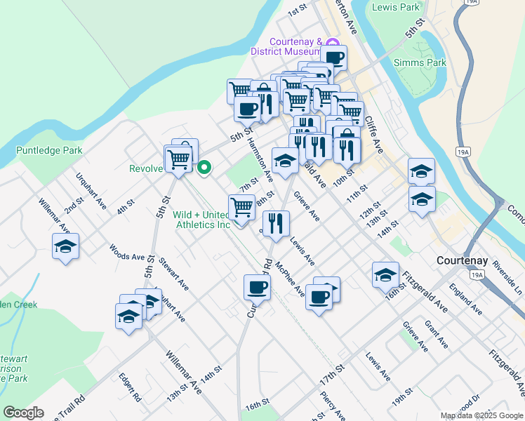 map of restaurants, bars, coffee shops, grocery stores, and more near 750 8th Street in Courtenay