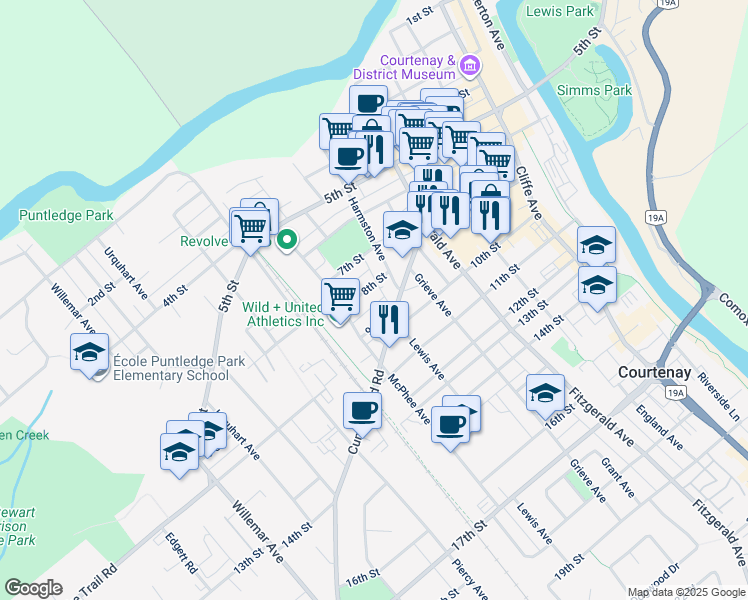 map of restaurants, bars, coffee shops, grocery stores, and more near 750 8th Street in Courtenay