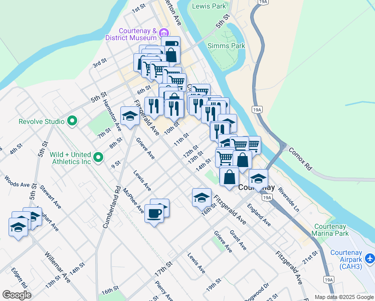 map of restaurants, bars, coffee shops, grocery stores, and more near 463 12th Street in Courtenay