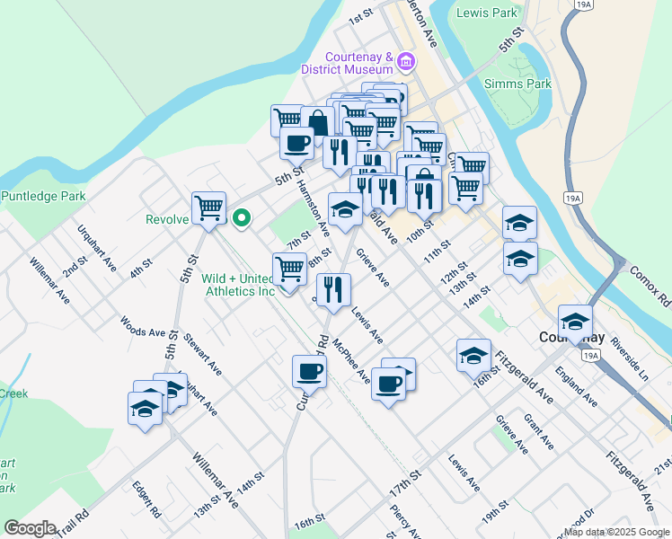 map of restaurants, bars, coffee shops, grocery stores, and more near 675 Cumberland Road in Courtenay