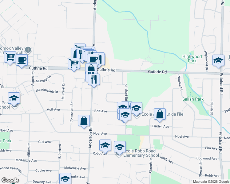 map of restaurants, bars, coffee shops, grocery stores, and more near 1965 Cougar Crescent in Comox